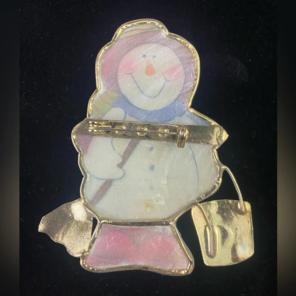 Vintage Snowman Pin Brooch Hand Painted Capiz Shell Gold Tone Christmas
